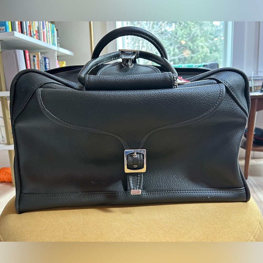 VTG Black Vinyl American Tourister Weekender Bag Plaid Interior Lining